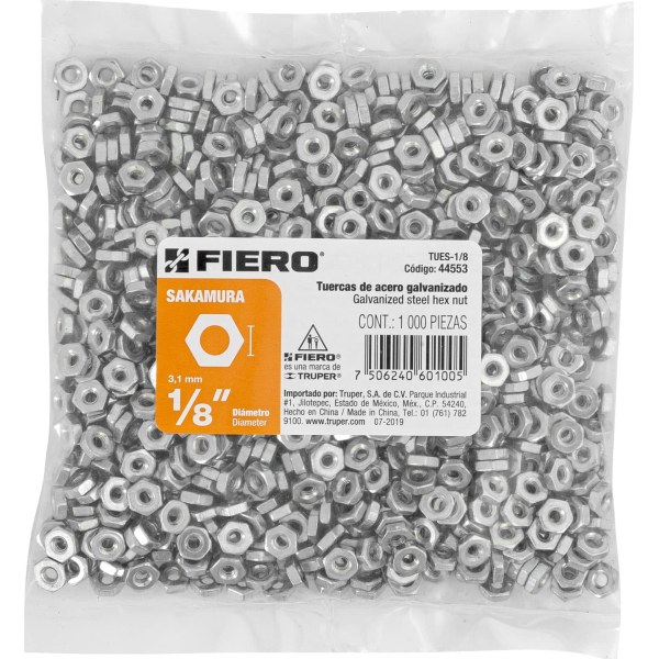 Tuercas Hexagonales 1/8'' Tipo Sakamura Bolsa x 1000 Fiero TUES-1/8