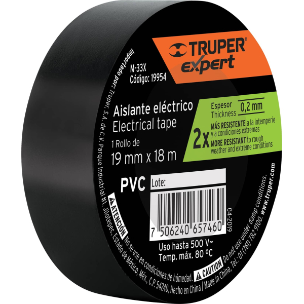 Cinta Eléctrica Aisladora 19mm Negra Truper Expert x 8