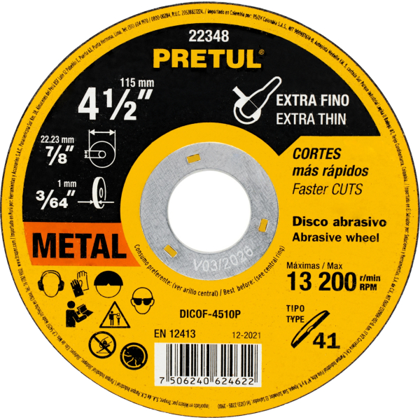 Disco Corte Metal Acero 115mm x 1mm Pretul
