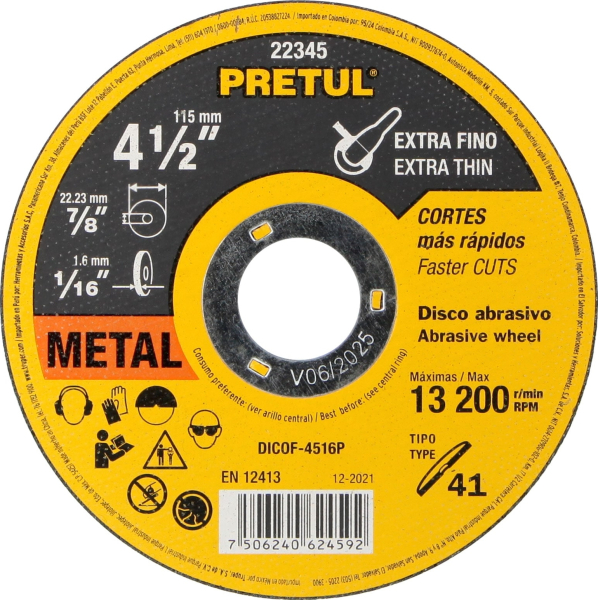 Disco Corte Metal Acero 115mm x 1.6mm Pretul