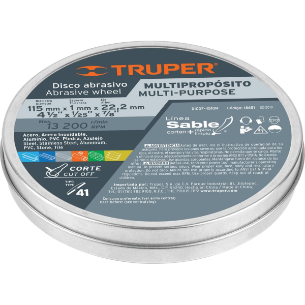 Disco Corte Multimaterial 115 x 1mm Truper Estuche 10u