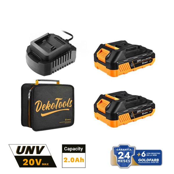 Kit 2 Baterías 20V 2 Ah con Cargador y Bolso de Tela Deko DKBT20S2-1020GS