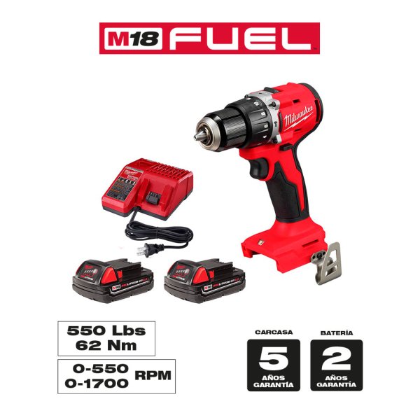 Taladro Percutor M18 Brushless 1/2" con 2 Baterías 2 Ah y Cargador Milwaukee 3602-259CT