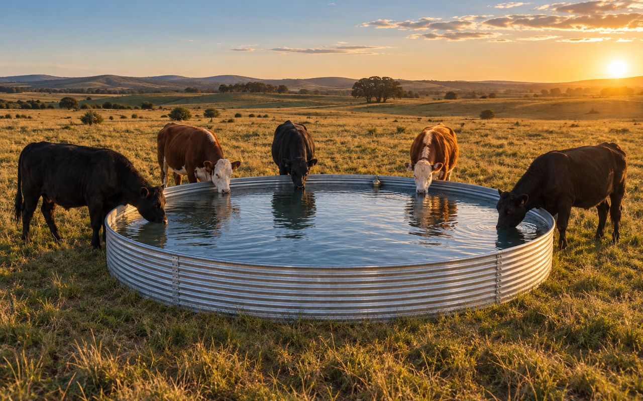 Bebedero circular ARMCO de chapa galvanizada con vacas tomando agua en el campo, al atardecer