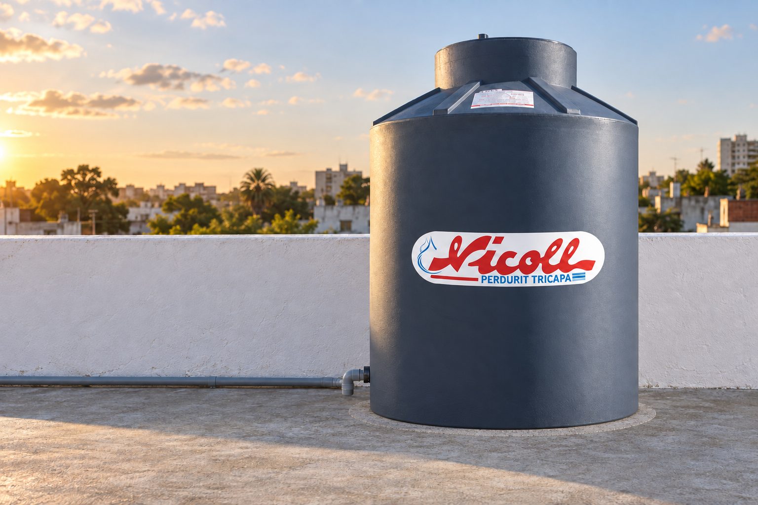 Tanque de agua Nicoll Perdurit Plus tricapa instalado sobre una base de hormigón en la azotea de una casa