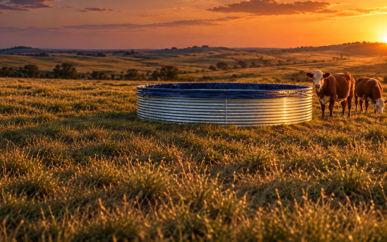 Tanque australiano ARMCO con lona en el campo, al atardecer